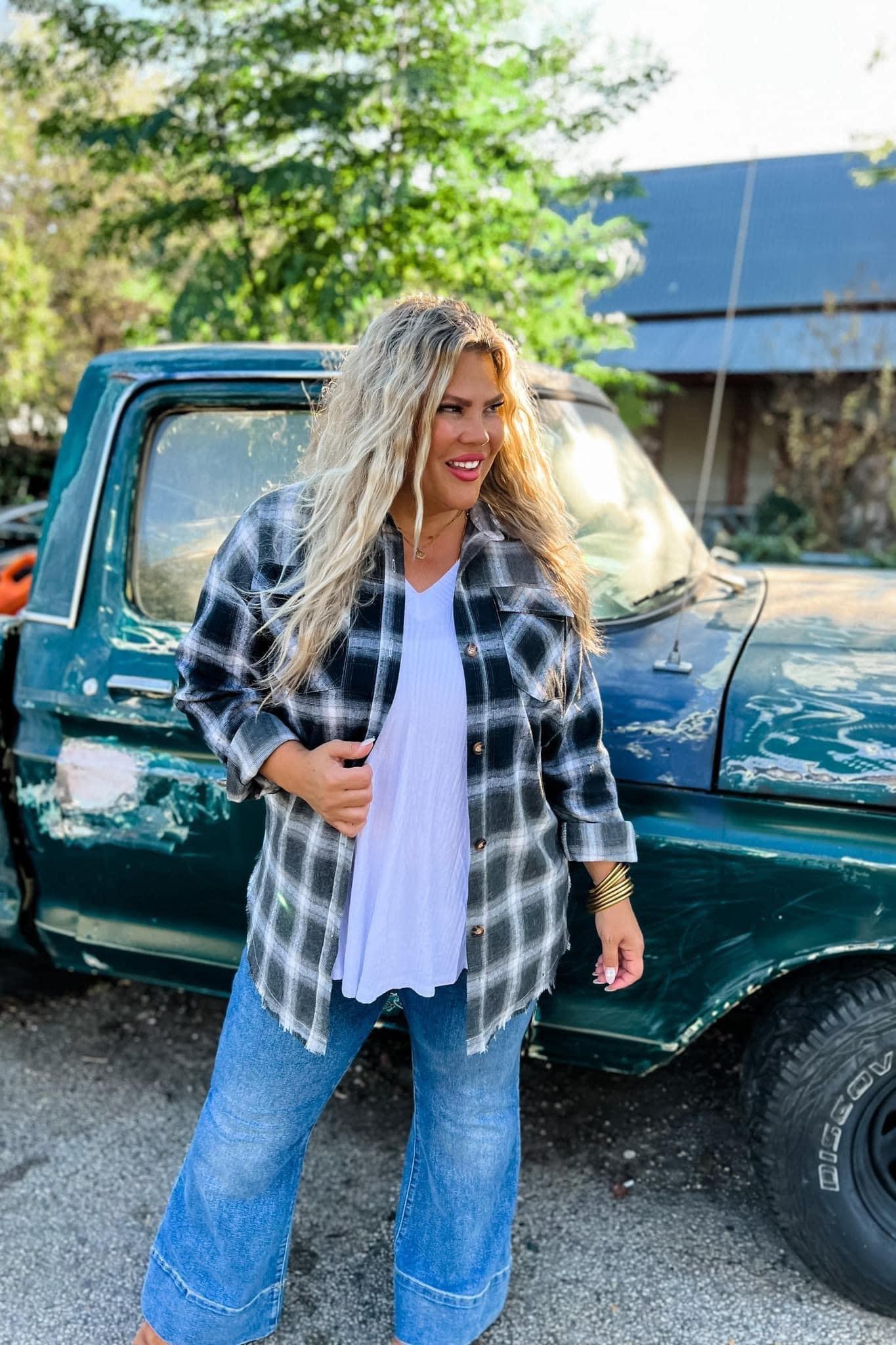 Black and White bleached raw hem  Flannel Shirt