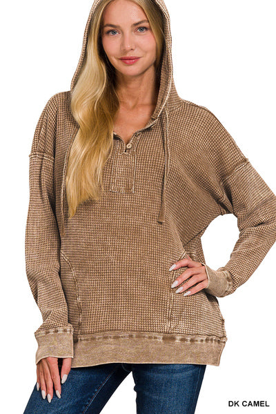 Waffle knit hooded pullover